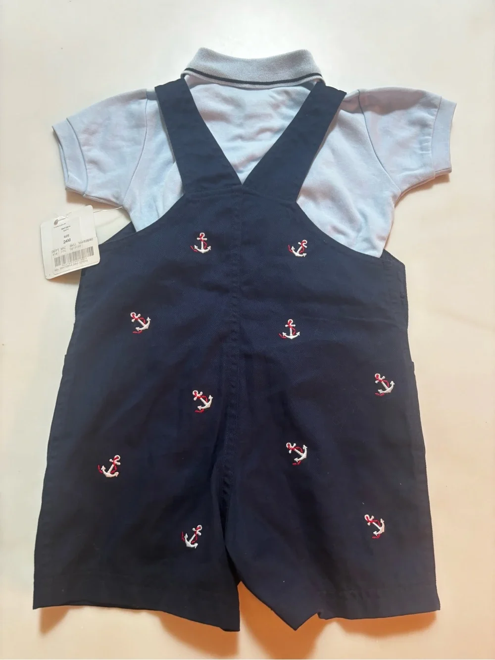 NEW Nautical Navy Anchor Embroidered Shortall with Light Blue Polo -